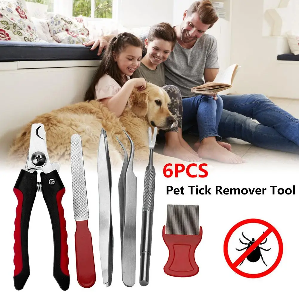 

New Arrival 6PCS Pet Tick Remover Tool Stainless Steel Tick Remover Comb Nail Clipper Set For Dogs Cats Dog Grooming