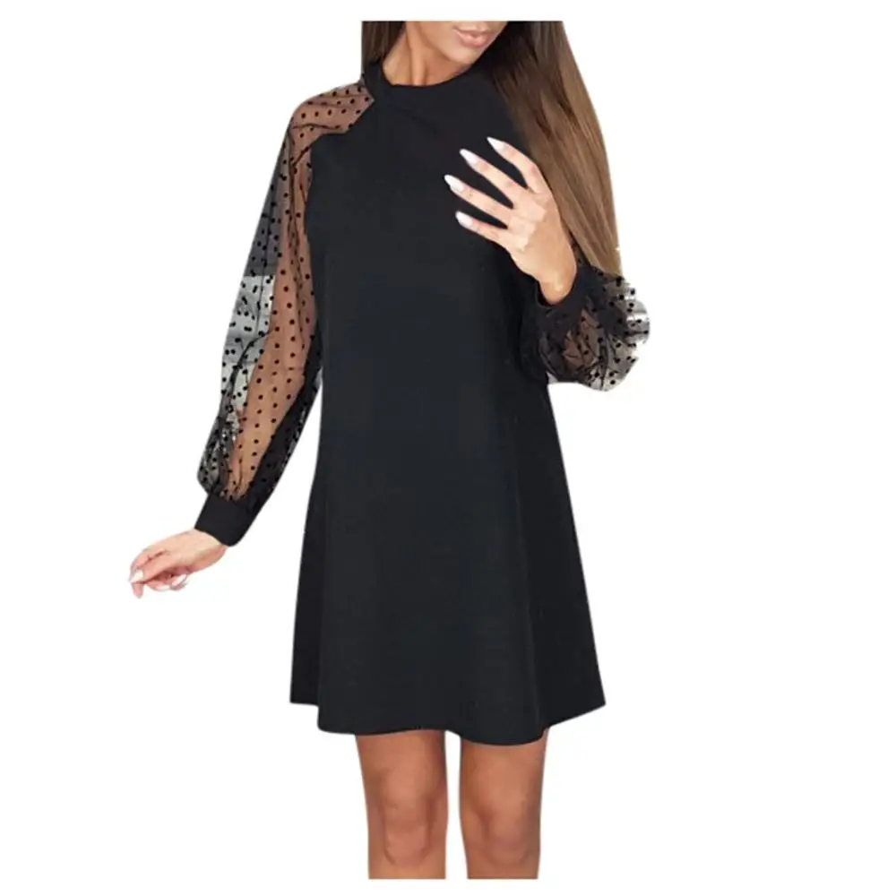 Women Party Dress Fashion Mesh Sleeve Round NeckDress Long A-Line Mini autumn dress women party night korean style #7 |