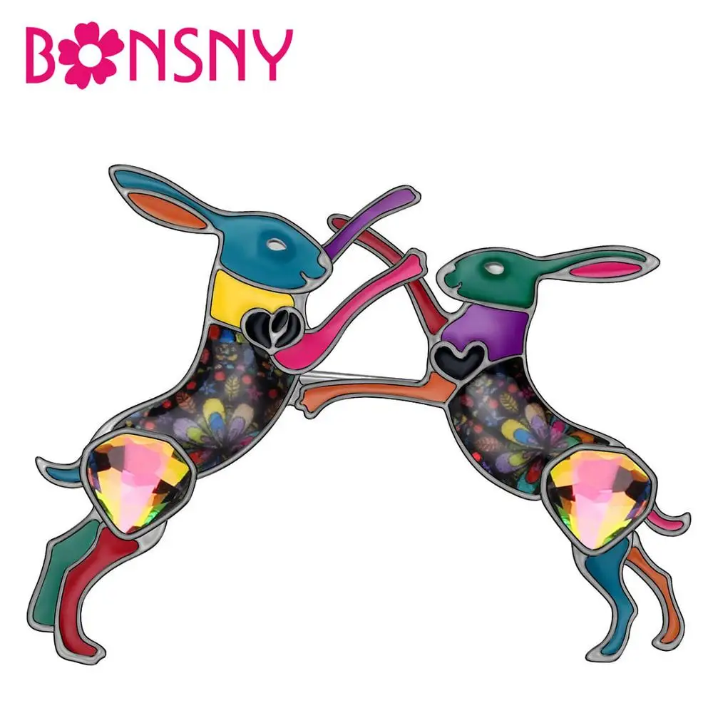 

Bonsny Enamel Alloy Rhinestone Double Anime Rabbit Bunny Hare Animal Brooches Pin Clothes Scarf Decoration Lady Girls Teen Gifts