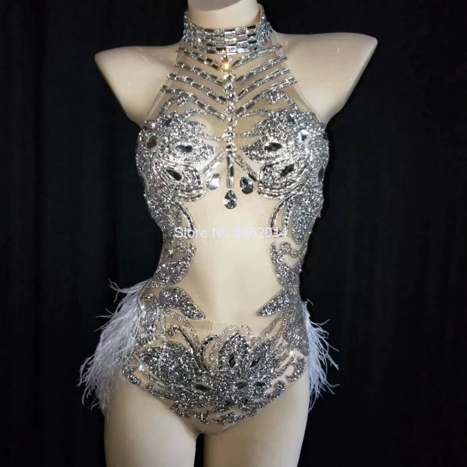 Блестящие Серебряные Кристаллы сетки боди женщин перо Костюм Леотард женский бар танец сцена вечерние танцевальный костюм для праздника платье