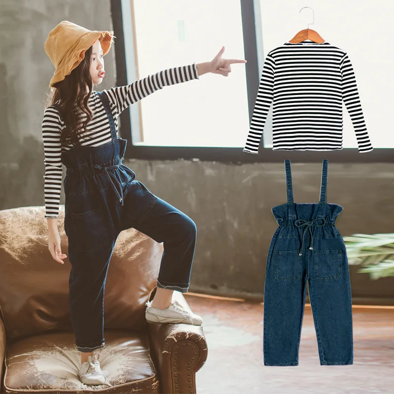 

2020 Spring And Autumn New Style Girls Stripes T-shirt Children Waist Hugging Western Style Jeans Back Pants Middle And Large CH