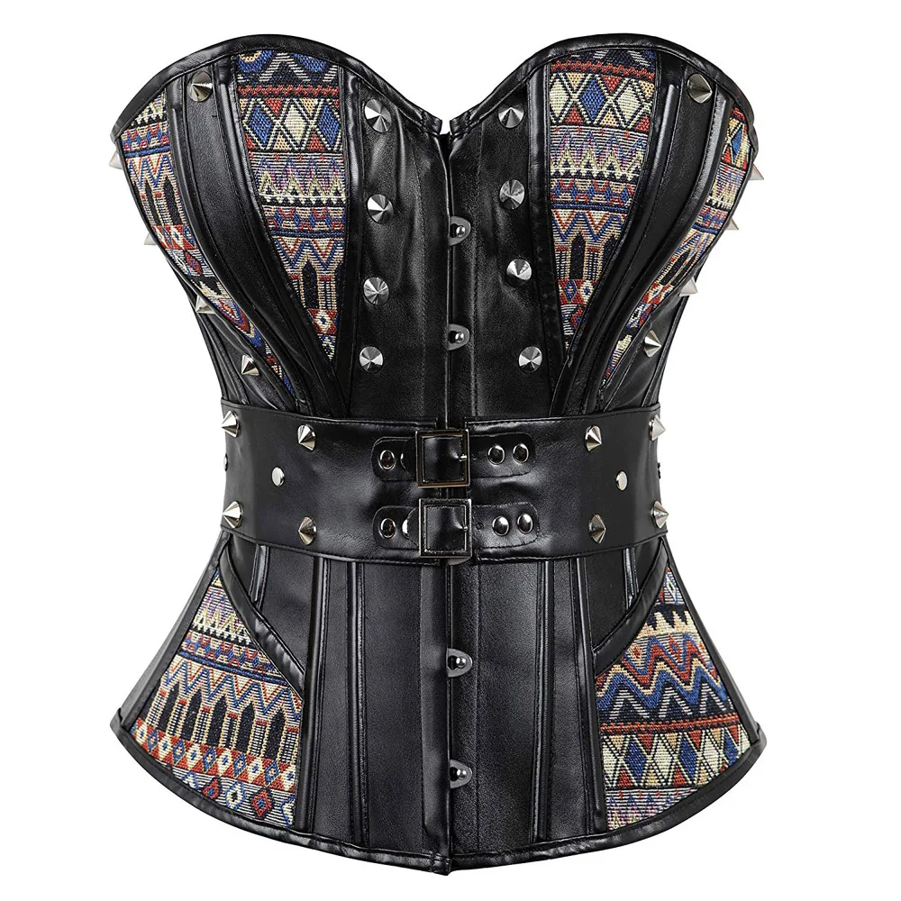 

Women's Steampunk Overbust Corset Sexy Faux Leather Black Punk Rivets Corsets and Bustiers Rock N Roll Waist Trainer Shaper New