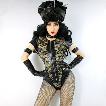 

Lady Dance Team Bar DS Costume Nightclub Party DJ Singer Dancer Performance Stage Wear Black Flower Hat Lace Zipper Bodysuit Set