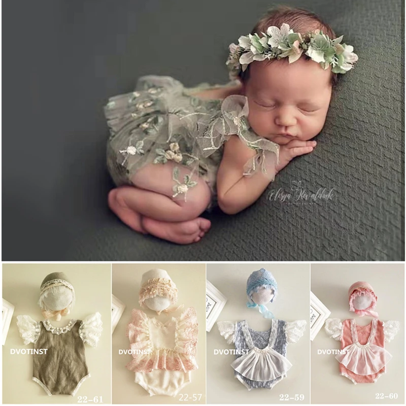 Dvotinst Newborn Photography Props for Baby Lace Bodysuit Outfits Bonnet 2pcs Fotografia Accessories Studio Shoot Photo Props