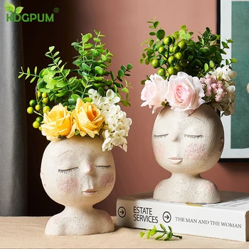 

Nordic Human Head Vase Flower Pot Doll Shape Sculpture Resin Portrait Flower Pot Art Vase Home Decor Succulents Vase