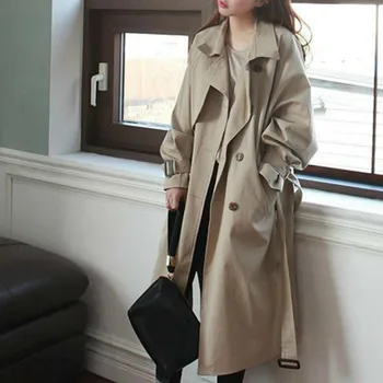

TVVOVVIN New Spring Autumn Korea Style Full Sleeve Double Breasted Turn-down Collar Button With Sashes Women Loose Coat F299