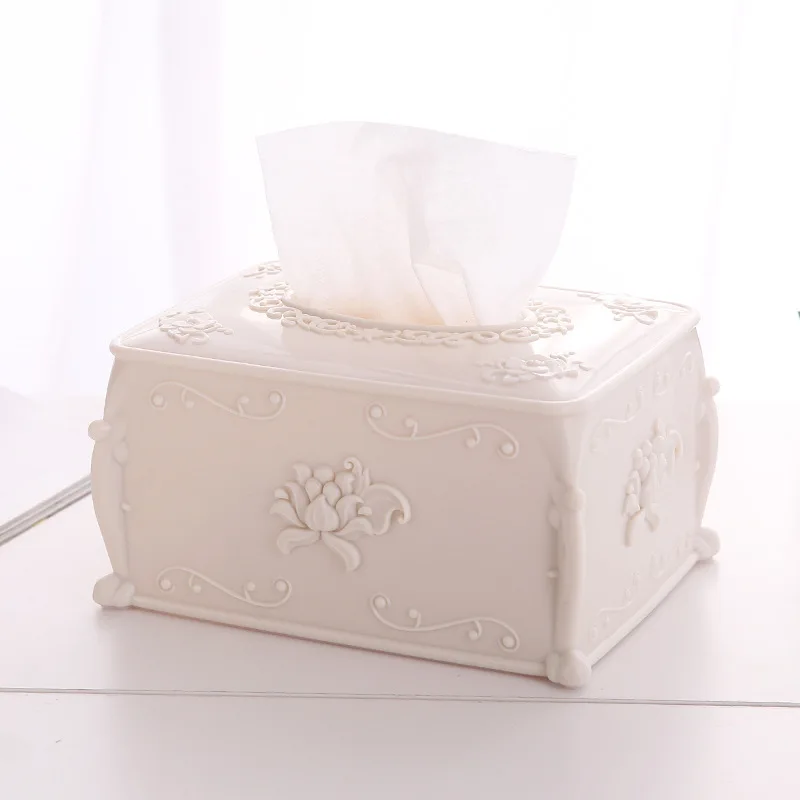 Rectangular tissue box Nordic color living room carved coffee table desktop roll paper storage box - Color: Beige