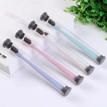 

4pcs Portable Wheat Straw Handle Bamboo Charcoal Toothbrushes With Box Dental Tongue Cleaner Antibacterial Toothbrush For Travel