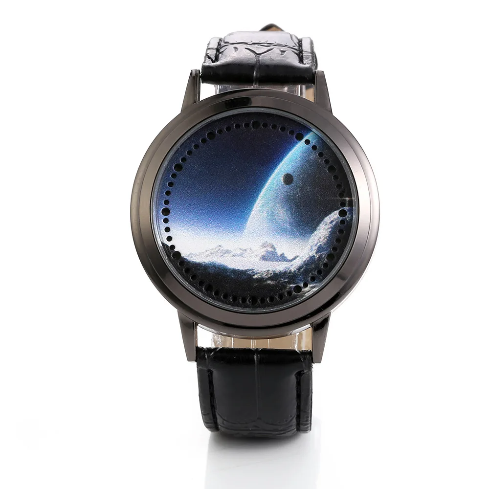 

Creative New Trend LED Touch Screen Watch Leather Belt Earth Star Touch Control Table Students Men And Women Couples Genuine Lea
