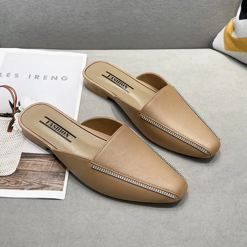 Women Low Cool Slippers Pointed Toe Flats Bottom Fashion Summer Drag Sandals Woman's Baotou Slippers Lazy Casual Mules Shoes