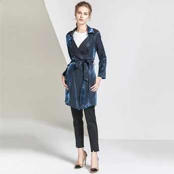 

Long Coat Women Windbreaker Lace-ups Fade Blue 2019 Autumn New European Station Elegant Slim Office Lady Adjustable Waist