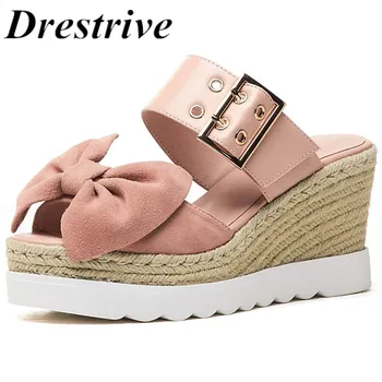 

Drestrive Women Sandals Wedges Heel Butterfly-Knot Buckle Platform Cow Suede Outside Sillers Summer Female High Heel Shoes Pink