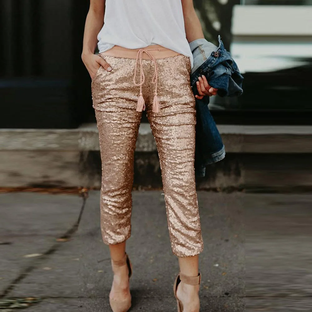 SEBOWEL женские блестящие эластичные брюки с высокой талией, блестящие весенне-осенние женские блестящие брюки на шнуровке с карманами, S-XL