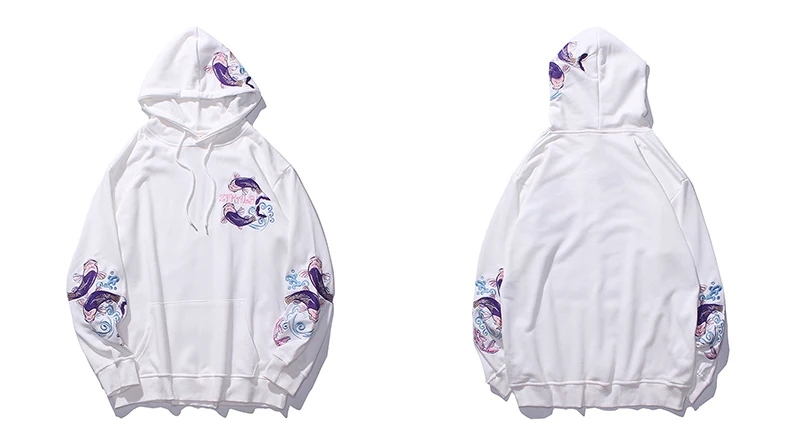 LENSTID осень японский Harajuku Koi Fish вышивка хлопковые пуловеры худи мужские хип-хоп Уличная мода толстовки