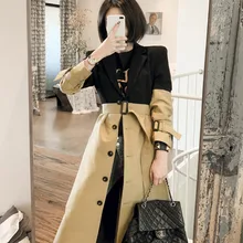 Полосатая Лоскутная контрастная цветная ветровка с поясом особенная куртка длинное пальто для женщин Новая мода