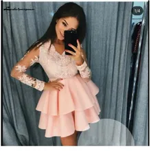 Элегантное розовое платье для выпускного вечера, Двухслойное ТРАПЕЦИЕВИДНОЕ ПЛАТЬЕ С v-образным вырезом и длинными рукавами, кружевные коктейльные платья с аппликацией, вечерние платья для девочек