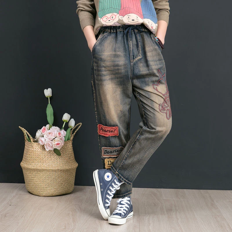 Günstig Herbst Neue Kunst Stil Frauen Jeans Plus Größe Vintage Stickerei Patchwork Lose Baumwolle Denim Harem Hosen Hohe Qualität D554