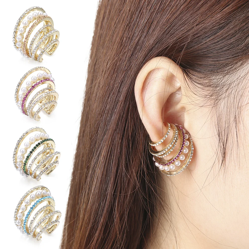 De moda de las mujeres apilable de puños de oreja, pendientes de perlas de diamantes de imitación de cartílago Clip en pendientes tipo Earcuff sin joyería Piercing