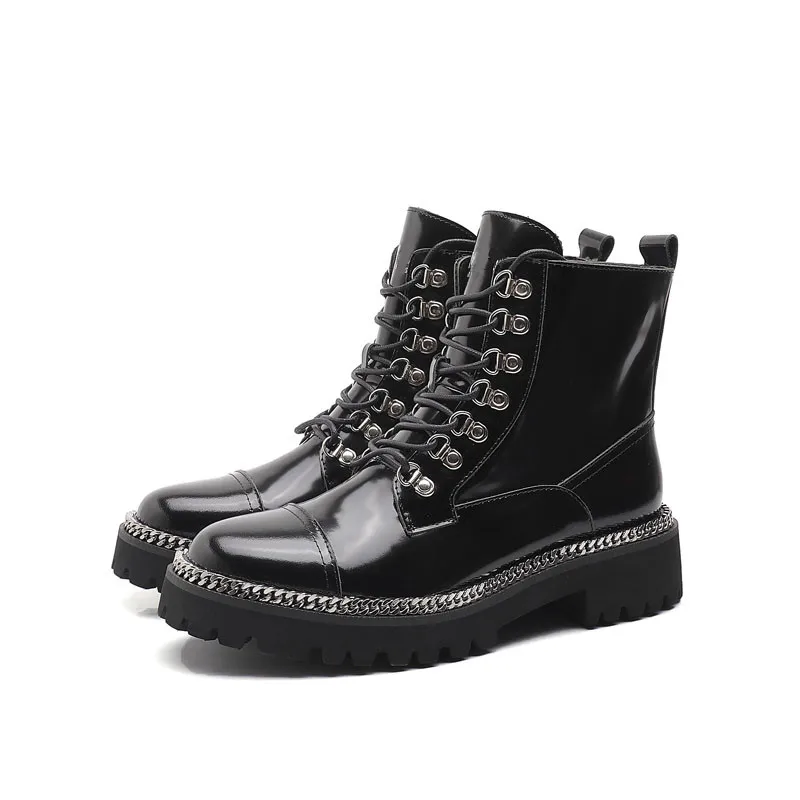 Patent Leather Boots Women Mortorcycle Boots Ladies Chain Lace-up Botas Mujer New Arrival Bota Feminina Brand Women Shoes