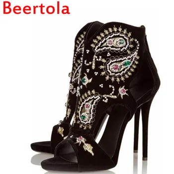 

Brand Beertola Flock Women's High Heels Peep Toe Rhinestone Embroidered Retro Sandals Behind Zipper Chaussures Femmes Big Size