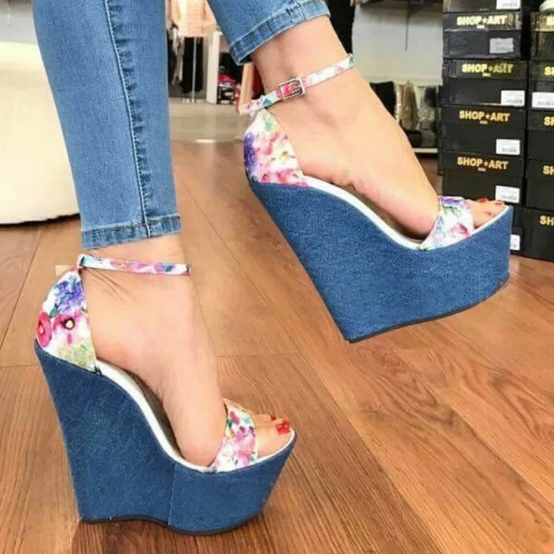 

2019 New Designer Print Denim Sandals Roman Sandals High Quality Wedges High Heels Peep-Toe Platform Shoes Woman