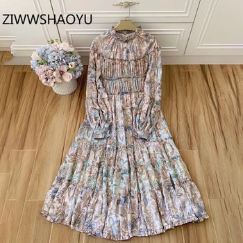 

ZIWWSHAOYU Autumn Elegant Vintage Long Dresses Fashion Designer Ladies Long Sleeve Print Pleated Multicolor Floral Dress