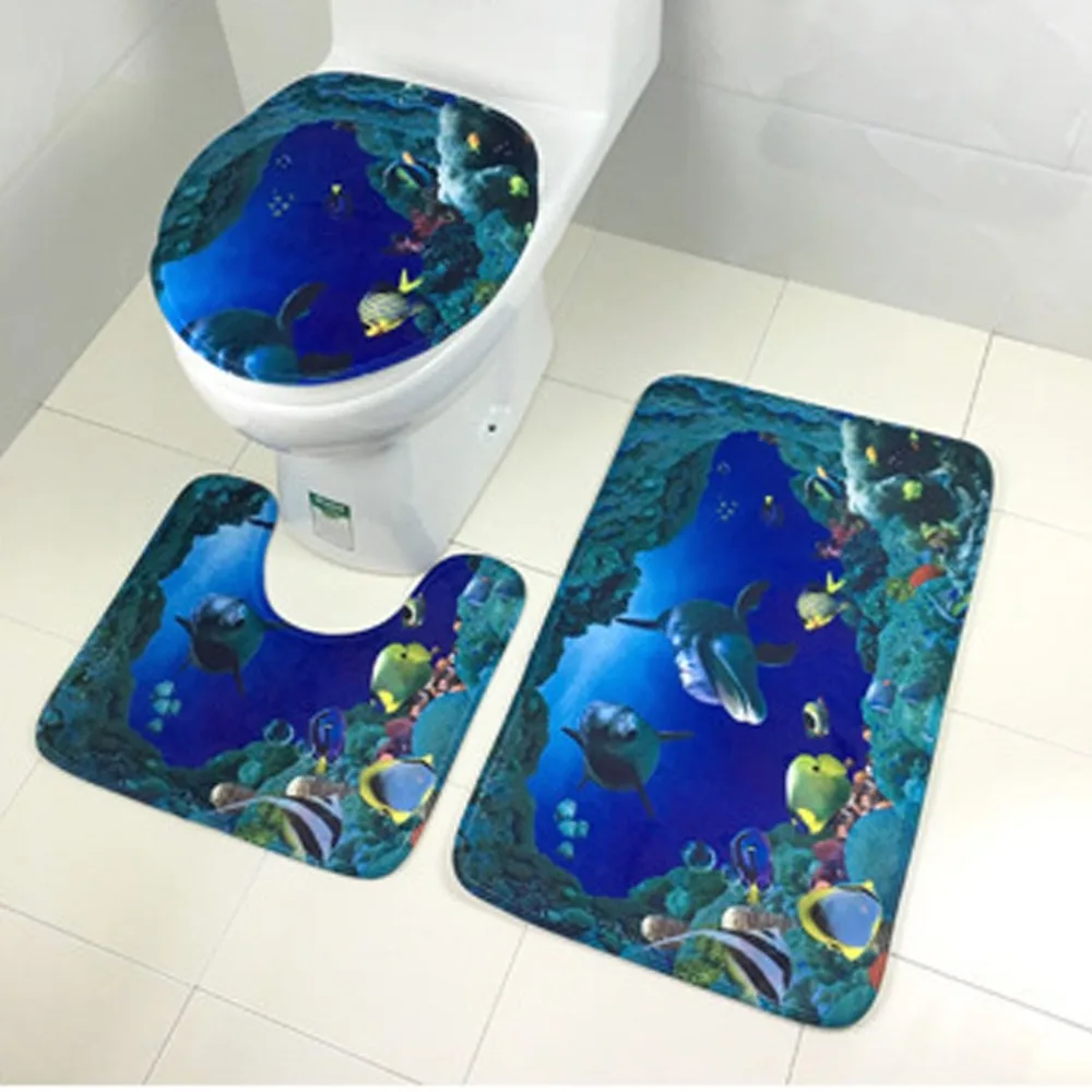 3PCS Beach Conch Soft Non Slip Bathroom Shower Mat Toilet Floor Rug Carpet Pad 