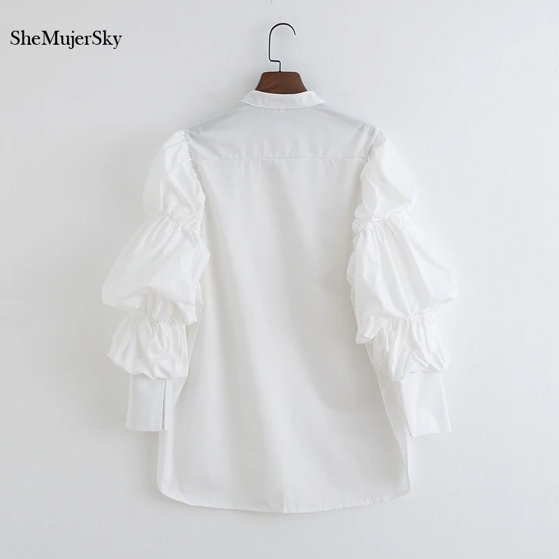 Женская белая рубашка SheMujerSky Элегантная блузка с длинными рукавами фонариками на