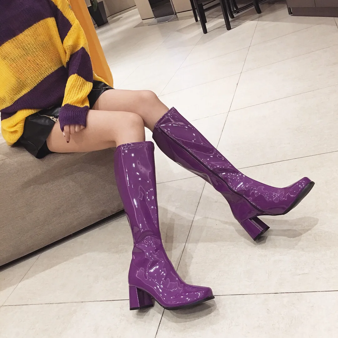 

Square Toe Casual Fashion Sewing Long Boots for Women High Square Heel Zip Solid Autumn Winter Boots Knee-High PU Concise Shoes