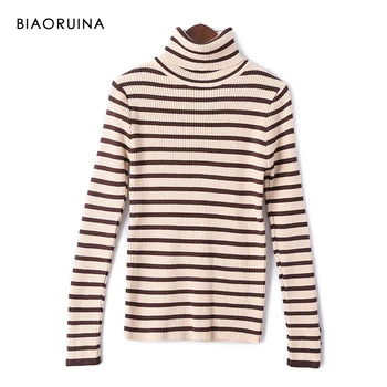 

BIAORUINA Women's Casual All-match Striped Knit Sweater Office Lady Fashion Slim Stretching Turtleneck Pullover One Size