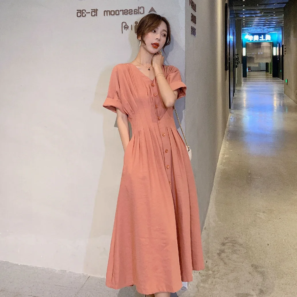 

Photo Shoot Dongdaemun Ulzzang Elegant Ol Cinnamon Creased Waist Hugging Slimming V-neck Single Breasted Big Hemline Dress