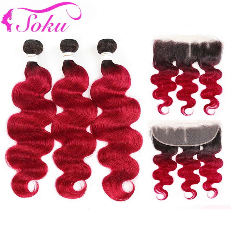 1B Burgundy Brazilian Body Wave Human Hair Bundles With Frontal 13x4 SOKU 3PCS Ombre Red Hair Bundles With Closure Non-Remy Hair