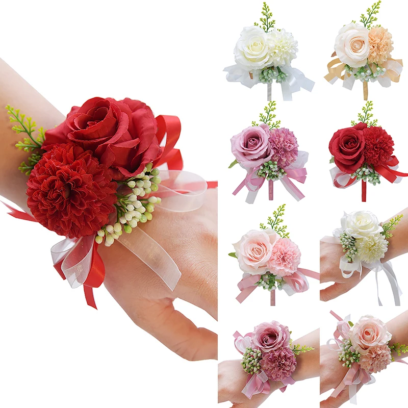 

Wrist Flower Corsage Wedding Bride Boutonniere Homme Mariage Groomsmen Bridesmaid Rose Bracelet Corsage And Boutonniere