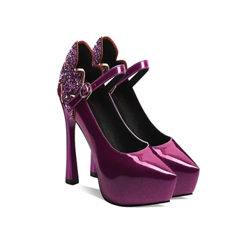 

New Arrival Patent Leather Purple Chunky High Heels Stiletto Ankle Strap with Glitter Pumps Party Wedding Banquet Shoes