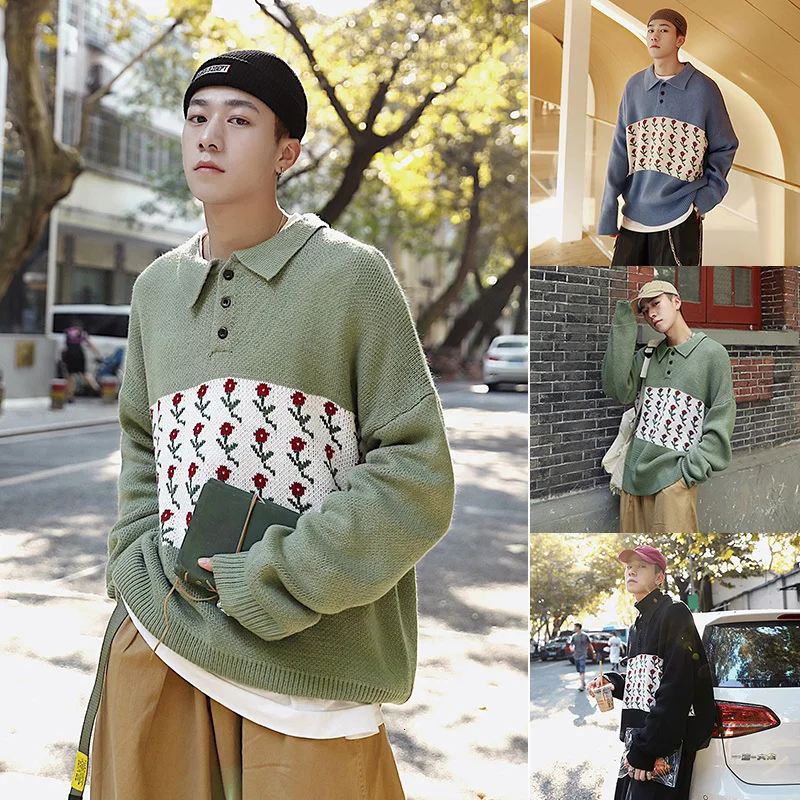 

Winter Flower Sweater Men Warm Fashion Casual Knit Lapel Sweater Man Sweter Clothes Wild Loose Long-sleeved Pullover Men M-2XL