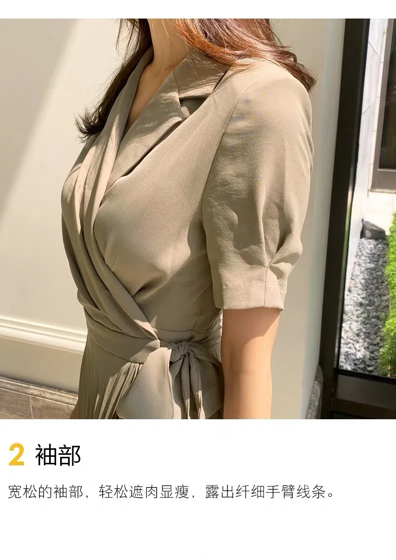 Korean Short Sleeve Pleated Women Dress Office Ladies Lace Up Notched Blazer Dress Adjustable waist Midi Dress 2020 Summer New