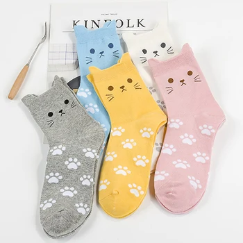 

10 Pairs Candy Color Cute Cat Women Girl Cotton Socks Korean Tube Harajuku Funny Casual Cheap Novelty Art Vintage White Yellow