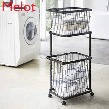 

2 Layers Cloth Storage Basket Rack Bathroom Floor Stand Clothing Storage Sundries Iron Art Laundry Storage Basket with wheel