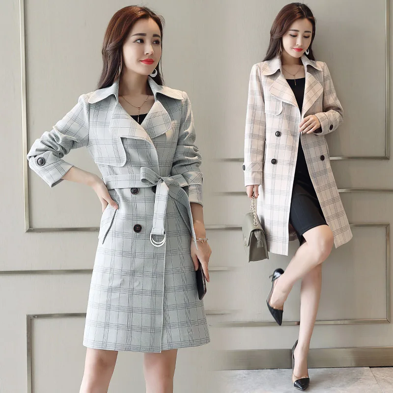 

Plaid Trench Coat Women's Mid-length 2018 Autumn New Style Elegant Korean-style Small Short Spring Hong Kong Style CHIC Coat