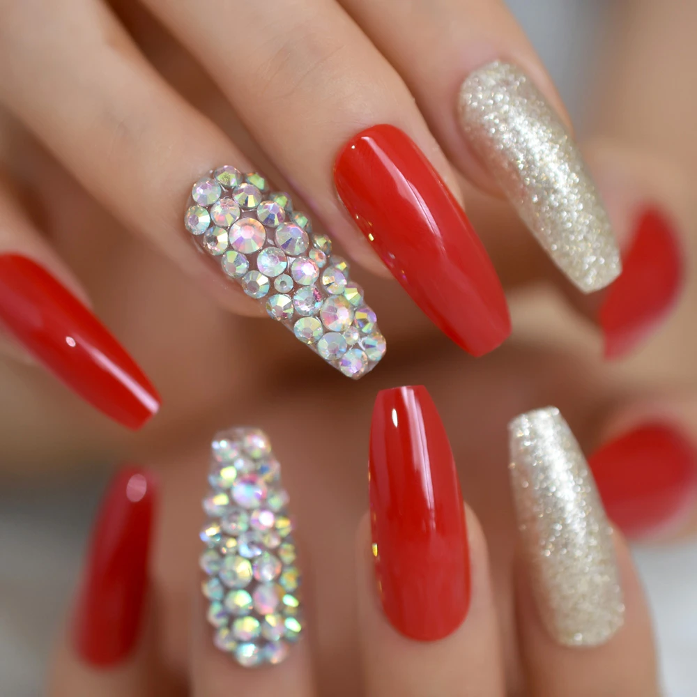 Piedras de diseño para Uñas postizas, prensatelas largas de color rojo y  dorado para fiesta, con grifos adhesivos de 24 piezas|Uñas postizas| -  AliExpress