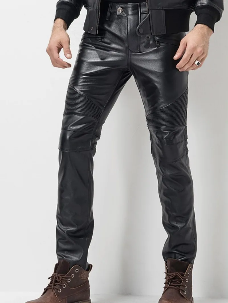 Cheap European Autumn Winter Slim Mens Full Length Cowhide Pants Windproof Thick Moto Biker Pleated Genuine Leather Male Pencil Pants 4