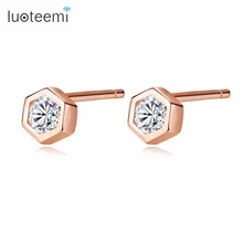 LUOTEEMI, новинка, роскошные женские 925 пробы, серебряные, крошечные геометрические серьги-гвоздики с фианитами и кристаллами для женщин, розовое золото, повседневные серьги