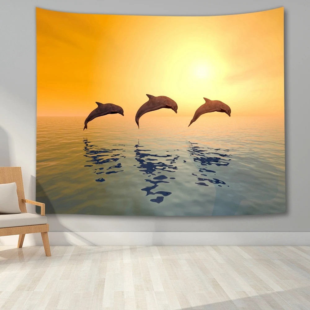 

3D Cartoon Sea Animals Dolphin Sea Turtle Bedroom Decorative Tapestry Wall Hanging Window Living Room View