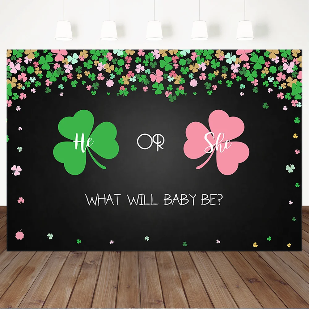 

Gender Reveal Backdrop Green or Pink Lucky Charm Baby Shower Photography Background She or He Blackboard Party Decoration Banner