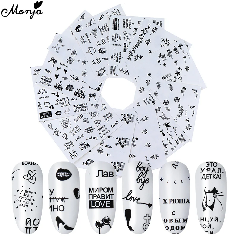 Monja 12Pcs/Set Nail Art Watermark Sticker Leaf English Abstract Sexy Image DIY Water Transfer Slider Manicure Decoration | Красота и