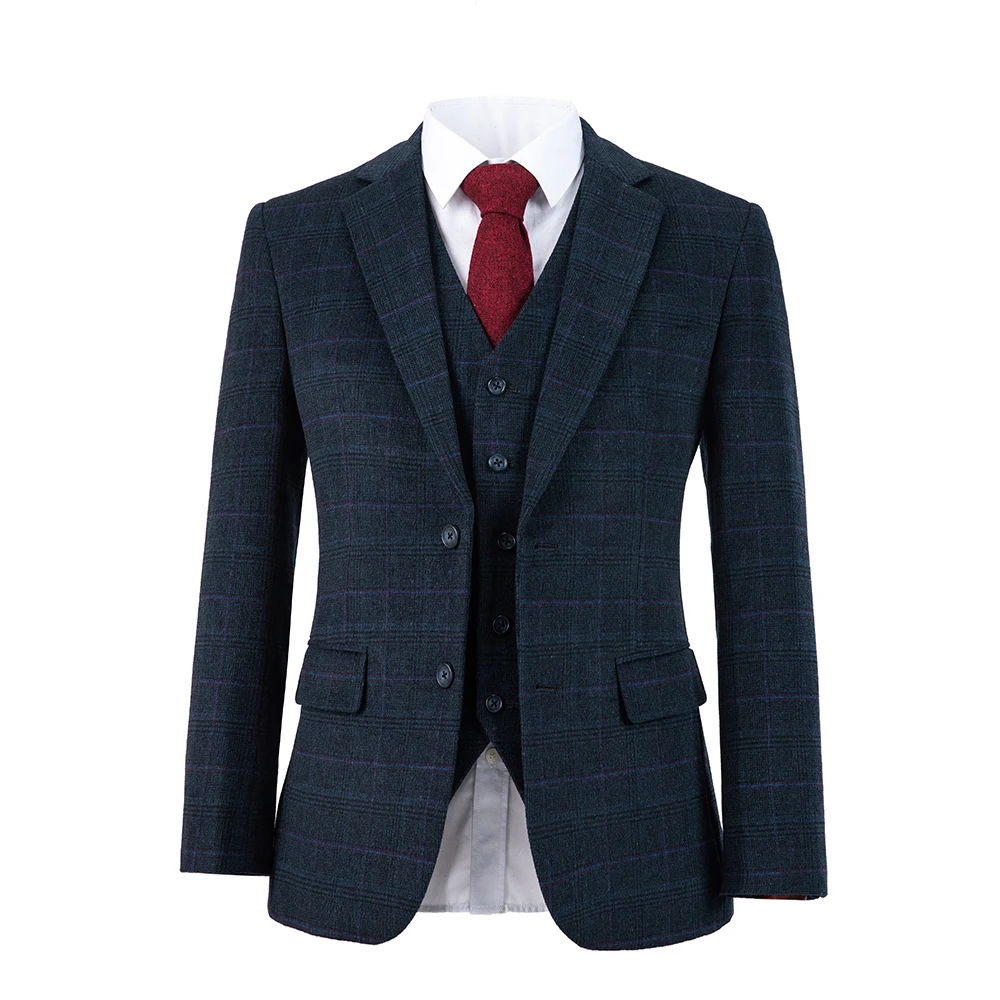Wool woolen Navy blue overcheck plaid tweed men suit Custom made Retro wedding blazer 3pcs | Мужская - Цена: 