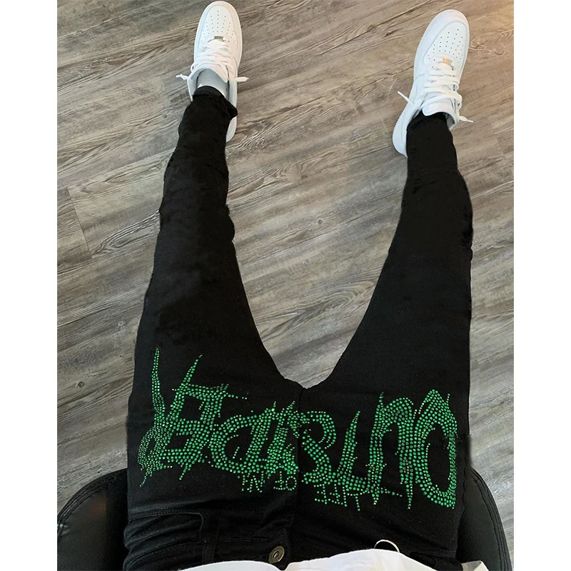 New Men Trend Black Ripped Jeans Fashion Street Hole Trousers Cozy Skinny Design Hot Rhinestone Stretch Soft Washed Denim Pants