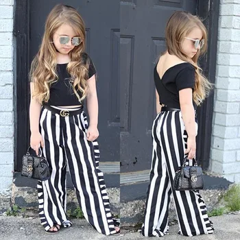 

1-6Y Summer 2 Piece Kids Baby Girl Clothes Set Short Sleeve Black Crop Tops and Striped Wide Leg Pant Toddler Girls Clothing