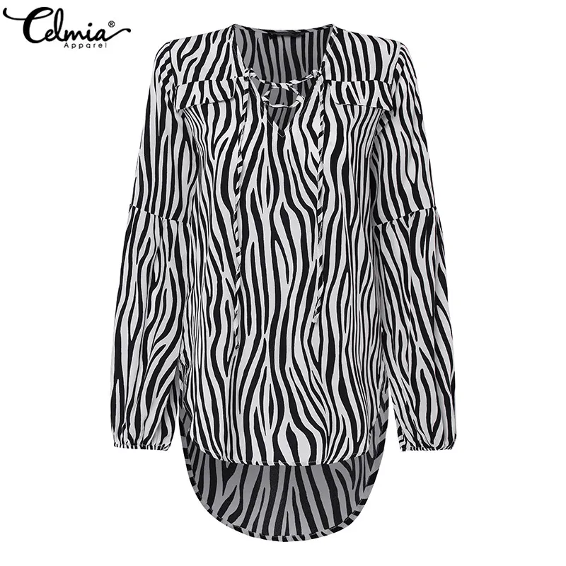 Elegant Women Blouse 2019 Celmia Fashion Print Long Shirts Female Full Sleeve Sexy Lace Up Work Top