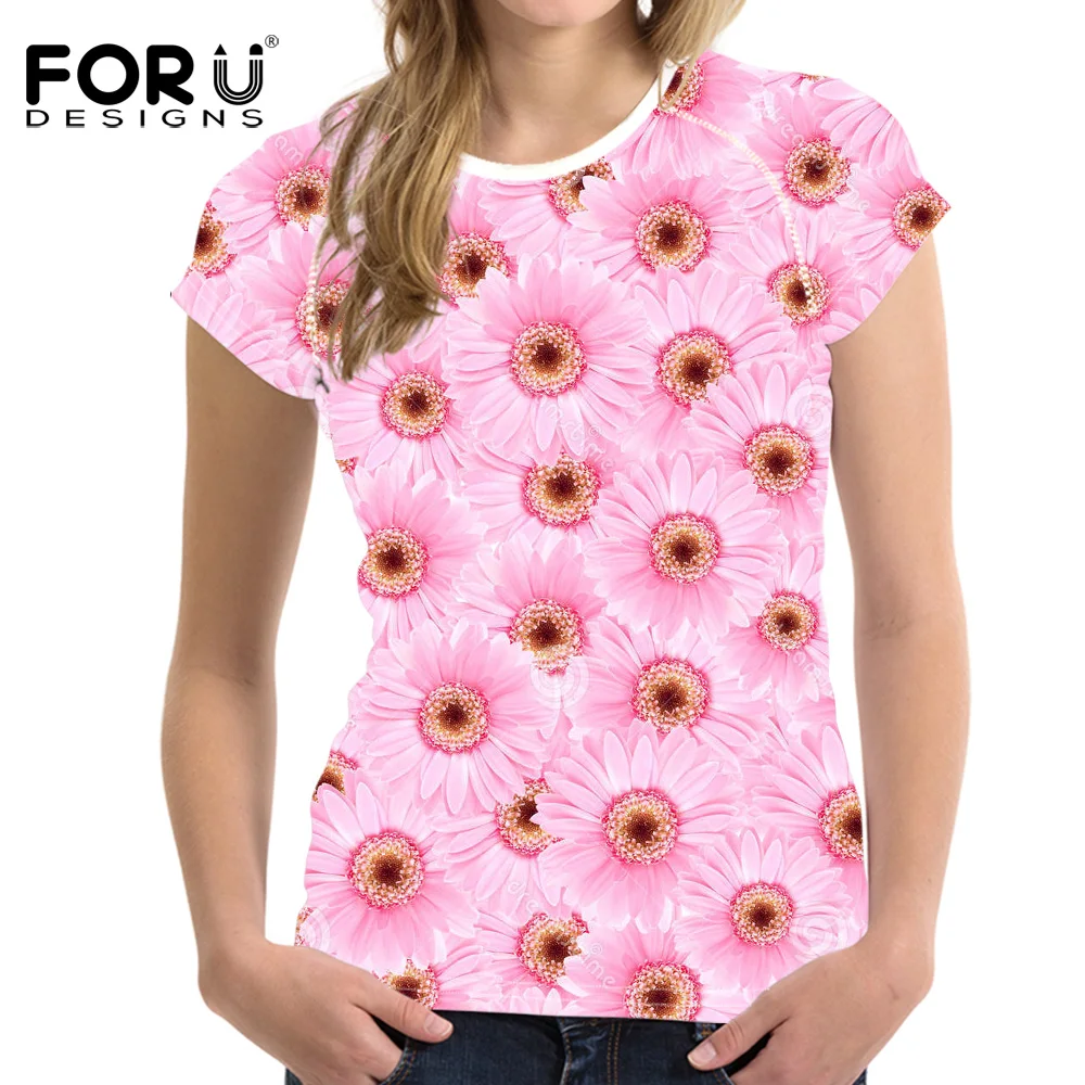 FORUDESIGNS/футболка с рисунком подсолнуха; 3D Цветочные розовые футболки для женщин; футболки для девочек; милые женские эластичные повседневные футболки с короткими рукавами - Цвет: Y0967BV